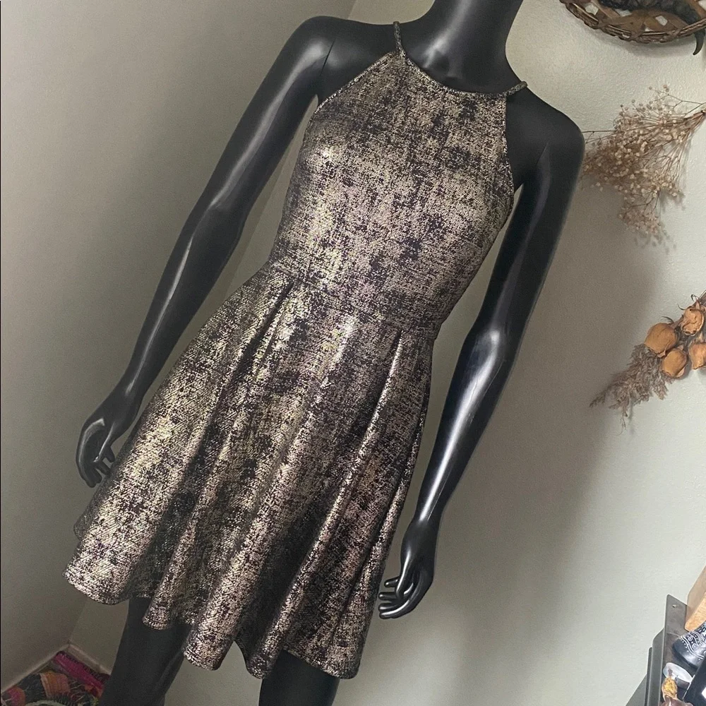 Soprano Shimmering Black and Gold Metallic Mini Dress NWTs